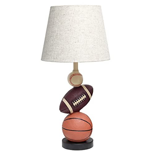 Simple Designs LT1082-SPT SportsLite 22" Tall Popular Sports Combo Basketball, Baseball, Football Polyresin Table Desk Lamp w Light Beige Fabric Shade for Kids' Room, Nursery,Bedroom,Gameroom,Mancave