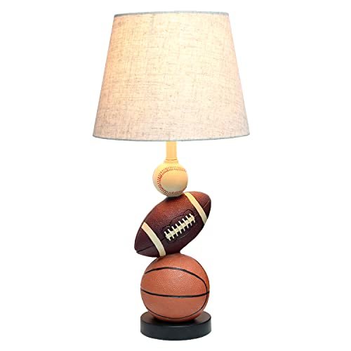 Simple Designs LT1082-SPT SportsLite 22" Tall Popular Sports Combo Basketball, Baseball, Football Polyresin Table Desk Lamp w Light Beige Fabric Shade for Kids' Room, Nursery,Bedroom,Gameroom,Mancave