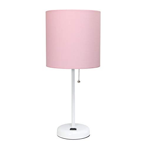 Simple Designs LT2024-POW White Stick Table Desk Lamp with Charging Outlet and Drum Fabric Shade, Light Pink