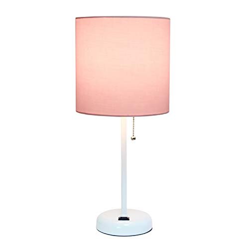 Simple Designs LT2024-POW White Stick Table Desk Lamp with Charging Outlet and Drum Fabric Shade, Light Pink