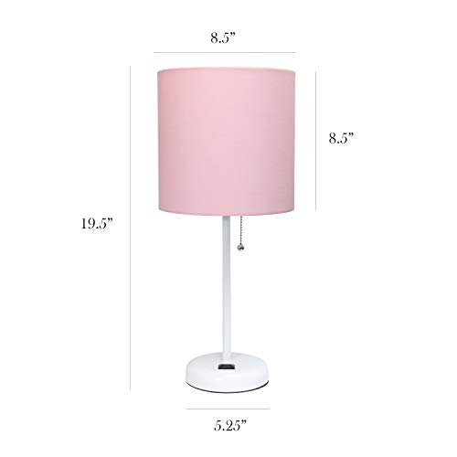 Simple Designs LT2024-POW White Stick Table Desk Lamp with Charging Outlet and Drum Fabric Shade, Light Pink