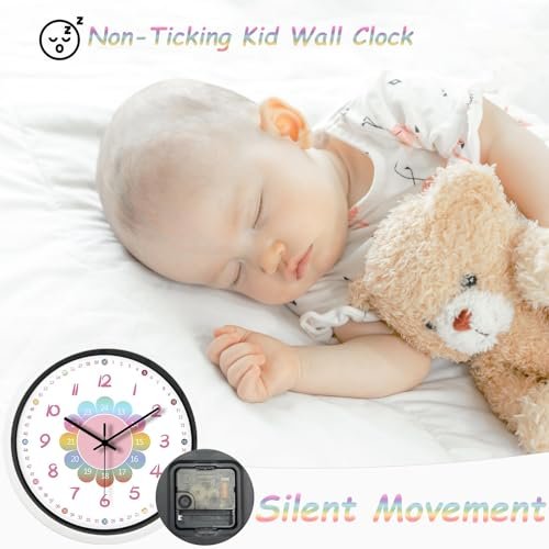 Small Wall Clock, 8 Inch Silent Non-Ticking Battery Operated Wall Clock, Kids Pink Childrens Learning Clock for Kids Room, Playroom, Bedroom, Nursery, School,Classroom