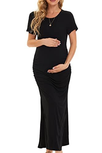 Smallshow Women's Split Long Maternity Dress Short Sleeve Ruched Pregnancy Clothes