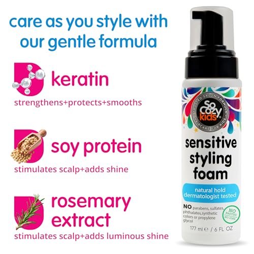 So Cozy Kids Sensitive Styling Foam - Sensitive Foam For Kids w/Straight or Curly Hair - Gentle Natural Hold Styler, Rosemary (6 fl oz)