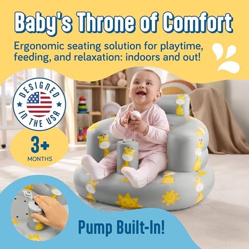 SplashEZ Inflatable Baby Seat - Sit-Up Chair for Kids 3 Months to 3 Years, Blow-Up Baby Seat with Air Pump for Home, Inflatable Sit Me Up Chair for Infant Back Support, Floor & Travel, Giraffes