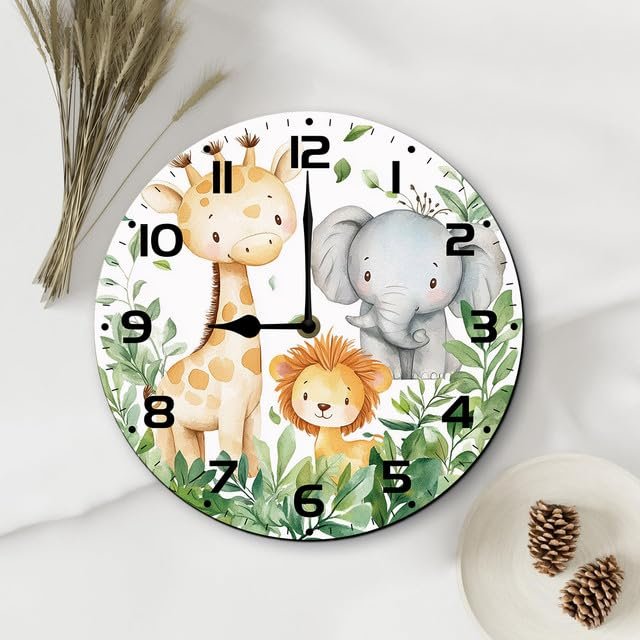 SRongmao Cute Baby Animal Wall Clock Funny Nursery Wood Clock 10inch Silent Non-Ticking Quartz Battery Operated for Living Room Kitchen Bedroom Housewarming