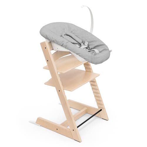 Stokke Tripp Trapp Chair (Natural) + Tripp Trapp Newborn Set (Grey) - Cozy, Safe & Simple to Use - for Newborns Up to 20 lbs