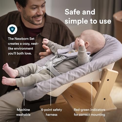 Stokke Tripp Trapp Chair (Natural) + Tripp Trapp Newborn Set (Grey) - Cozy, Safe & Simple to Use - for Newborns Up to 20 lbs