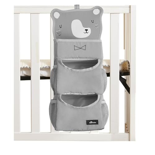 SUNEVNO Hanging Baby Diaper Caddy Organizer Diaper Stacker, Baby Crib Hanging Classified Storage Bag Organizer for Changing Table Crib Playard or Wall & Nursery Organization (Gray Bear)