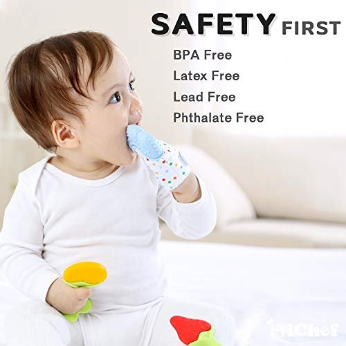 Teething Mittens for Baby (2 Pack) with Baby Teething Toys (3 Pack), Self Soothing Pain Relief Mitt, Silicone Teethers, BPA-Free, Natural Organic Freezer Safe for Infants and Toddlers