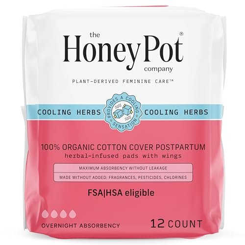 The Honey Pot Company - Herbal Postpartum Pads w/Wings - Infused w/Essential Oils for Cooling Effect, Organic Cotton Cover, & Ultra-Absorbent - 12ct