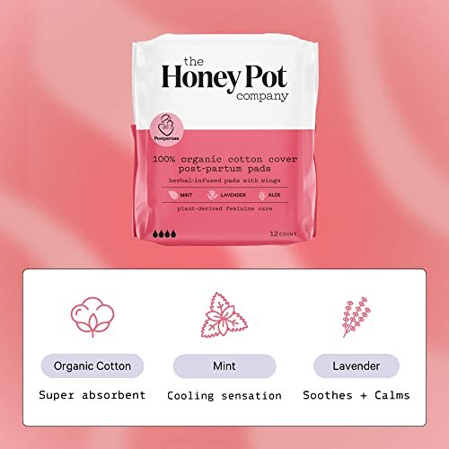The Honey Pot Company - Herbal Postpartum Pads w/Wings - Infused w/Essential Oils for Cooling Effect, Organic Cotton Cover, & Ultra-Absorbent - 12ct