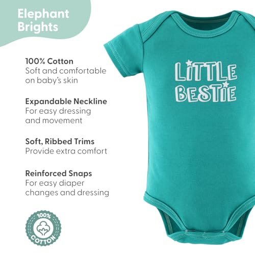 The Peanutshell Baby Bodysuits for Boys and Girls, Short Sleeve Unisex 7 Pack, Newborn to 24 Months, Elephant Brights