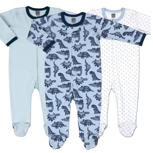 The Peanutshell Baby Sleeper Set for Boys or Girls | 3 Pack in Dinosaur, Solid Blue & Dots | 9 M Footed Pajamas (9M)