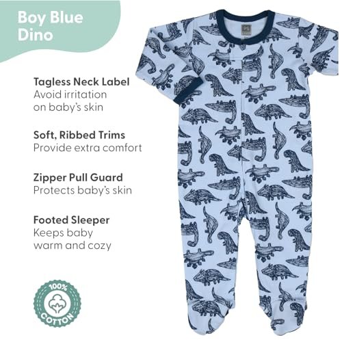The Peanutshell Baby Sleeper Set for Boys or Girls | 3 Pack in Dinosaur, Solid Blue & Dots | 9 M Footed Pajamas (9M)