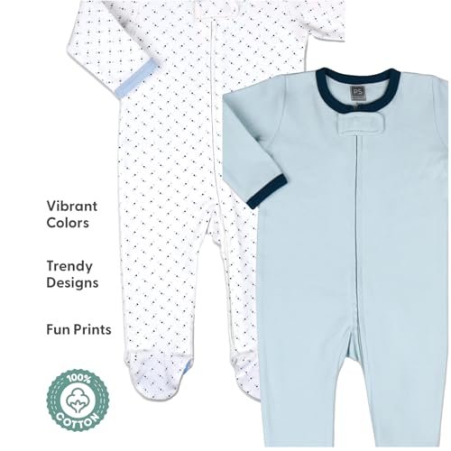 The Peanutshell Baby Sleeper Set for Boys or Girls | 3 Pack in Dinosaur, Solid Blue & Dots | 9 M Footed Pajamas (9M)