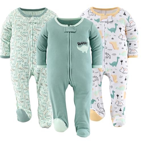 The Peanutshell Baby Sleepers for Boys Set of 3 - Soft Cotton Footed Pajamas for Newborns & Infants - Green Dino