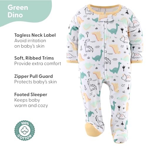 The Peanutshell Baby Sleepers for Boys Set of 3 - Soft Cotton Footed Pajamas for Newborns & Infants - Green Dino