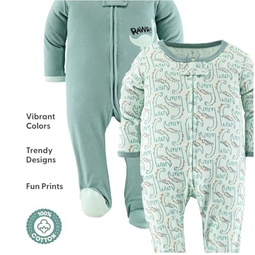 The Peanutshell Baby Sleepers for Boys Set of 3 - Soft Cotton Footed Pajamas for Newborns & Infants - Green Dino