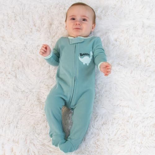 The Peanutshell Baby Sleepers for Boys Set of 3 - Soft Cotton Footed Pajamas for Newborns & Infants - Green Dino