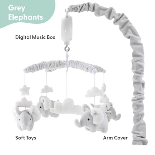 The Peanutshell Crib Mobile for Girls or Boys - Soft Grey Musical Baby Crib Mobile with 12 Lullabies, Cute Elephant Baby Grey Elephant Nursery Decor