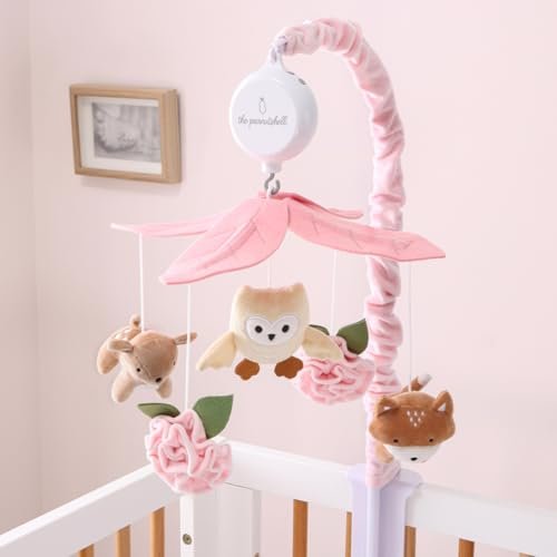 The Peanutshell Crib Mobile for Girls - Pink and White Musical Baby Crib Mobile with 12 Lullabies, Forest Baby Little Forest Nursery Decor