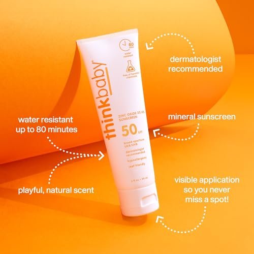 Thinkbaby SPF 50+ Baby Mineral Sunscreen – Safe, Natural Sunblock for Babies - Water Resistant Sun Cream – Broad Spectrum UVA/UVB Sun Protection – Vegan Baby Sunscreen Lotion, 3 Oz.