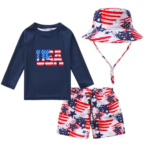 Toddler and Baby Boys' 3-Piece Swimsuit Trunk, Long Sleeve Rashguard Bathing Suit with Hat Set