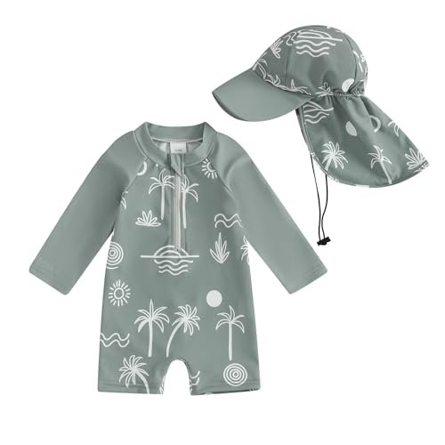 Toddler Baby Boy Girls One Piece Swimsuit Long Sleeve Zipper Bathing Suit with Hat Infant Rash Guard Swimwear