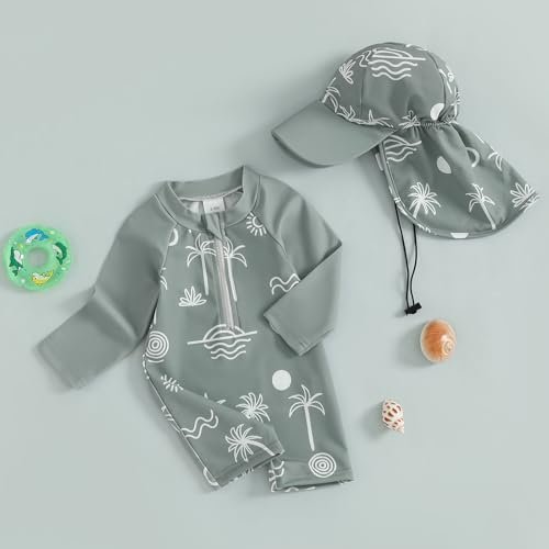 Toddler Baby Boy Girls One Piece Swimsuit Long Sleeve Zipper Bathing Suit with Hat Infant Rash Guard Swimwear