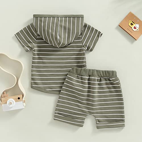 Toddler Baby Boy Summer Outfit Short Sleeve Hooded Stripes Top Casual Shorts Set Infant Newborn Clothes 6 12 18 24 Month