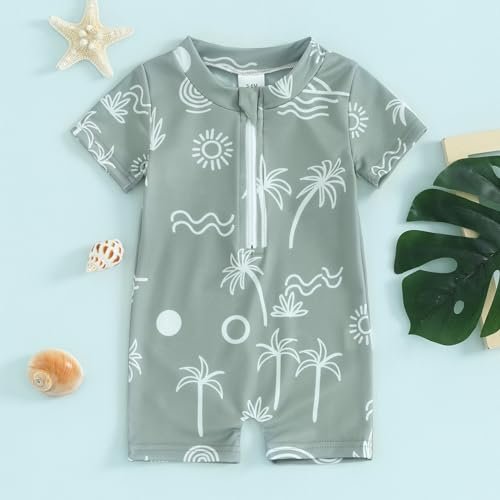 Toddler Baby Boy Swimsuit One-Piece Zipper Starfish Tree Print Bodysuit Sunsuit Swimwear Bathing Suit