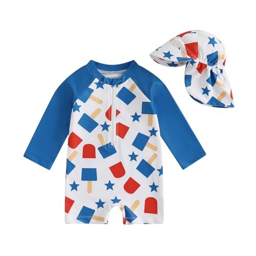 Toddler Boy 4th of July Swimsuit Popsicle/Star/Plaid Print Rashguard Sun Protection One Piece Zipper Bathing Suit