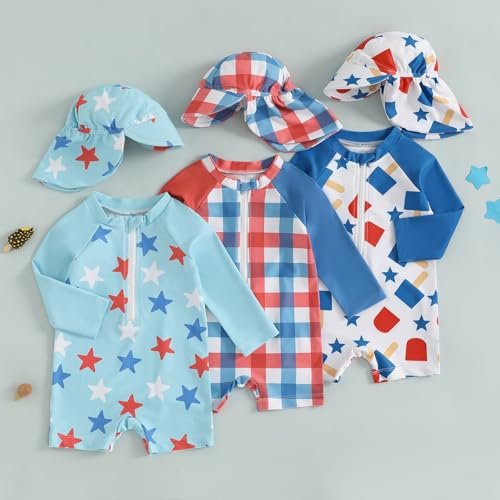 Toddler Boy 4th of July Swimsuit Popsicle/Star/Plaid Print Rashguard Sun Protection One Piece Zipper Bathing Suit