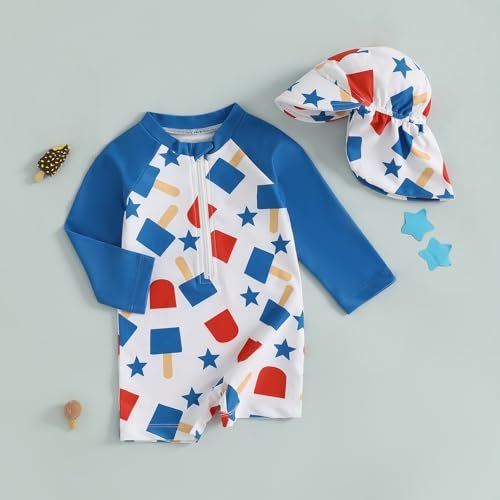 Toddler Boy 4th of July Swimsuit Popsicle/Star/Plaid Print Rashguard Sun Protection One Piece Zipper Bathing Suit