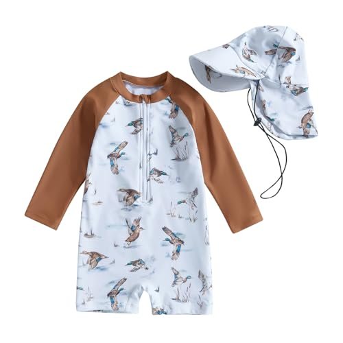 Toddler Boys Rash Guard Swimsuit Mallard Duck Zipper One-Piece Swimsuit Hunting Swimwear Bathing Suit with Sun Hat