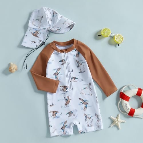 Toddler Boys Rash Guard Swimsuit Mallard Duck Zipper One-Piece Swimsuit Hunting Swimwear Bathing Suit with Sun Hat