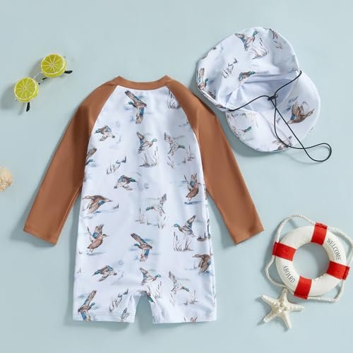 Toddler Boys Rash Guard Swimsuit Mallard Duck Zipper One-Piece Swimsuit Hunting Swimwear Bathing Suit with Sun Hat