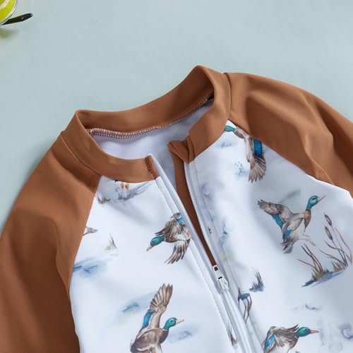 Toddler Boys Rash Guard Swimsuit Mallard Duck Zipper One-Piece Swimsuit Hunting Swimwear Bathing Suit with Sun Hat