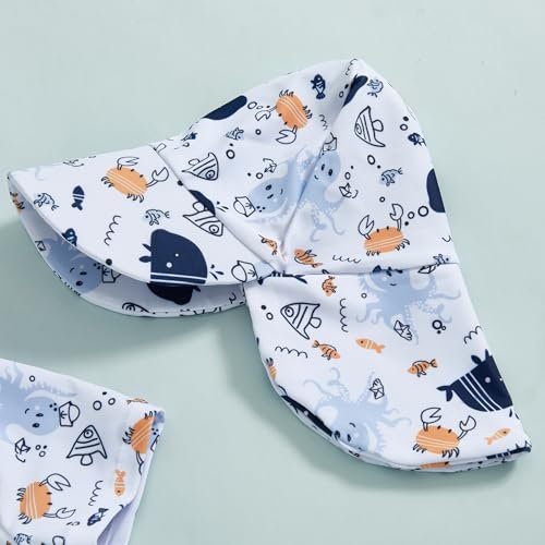 Toddler Boys Rash Guard Swimsuit Sea World Animal Print Zipper Short Sleeve Bathing Suit with Swim Cap for Kids