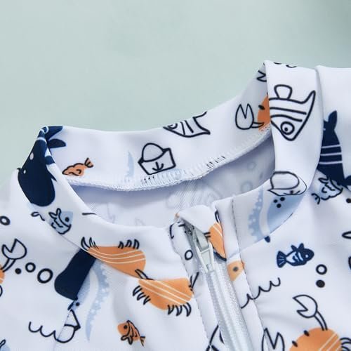 Toddler Boys Rash Guard Swimsuit Sea World Animal Print Zipper Short Sleeve Bathing Suit with Swim Cap for Kids