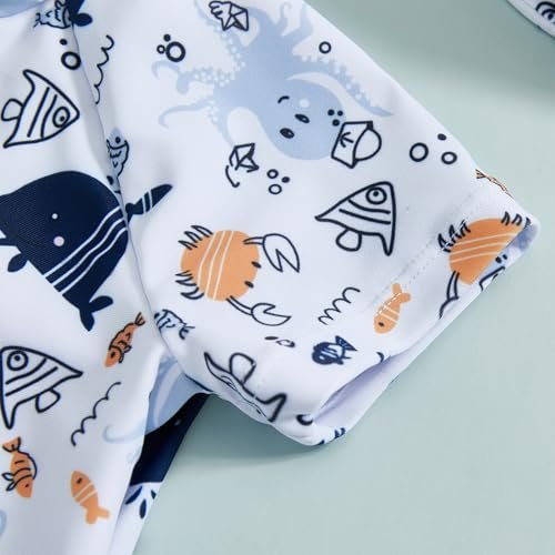 Toddler Boys Rash Guard Swimsuit Sea World Animal Print Zipper Short Sleeve Bathing Suit with Swim Cap for Kids