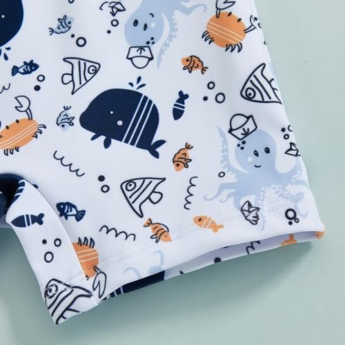 Toddler Boys Rash Guard Swimsuit Sea World Animal Print Zipper Short Sleeve Bathing Suit with Swim Cap for Kids
