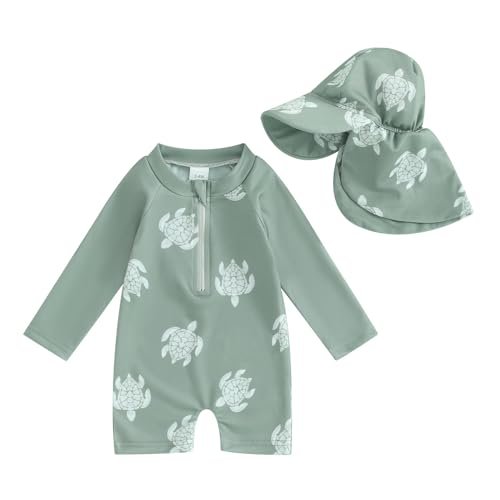 Toddler Infant Baby Boys Swimsuit Kids Rash Guard One Piece Newborn Zipper Bathing Suit Swimwear with Hat