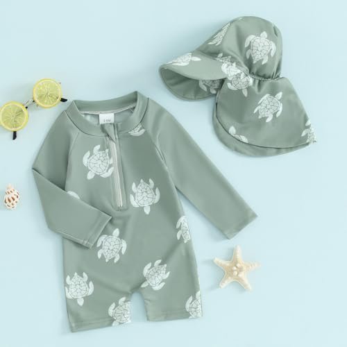 Toddler Infant Baby Boys Swimsuit Kids Rash Guard One Piece Newborn Zipper Bathing Suit Swimwear with Hat