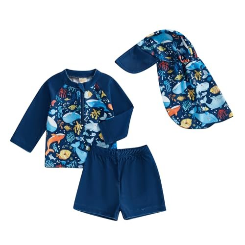 Toddlers and Baby Boys' 3-Piece Swimsuit Set Swimwear Bathing Suit Rash Guards with Hat UPF 50+
