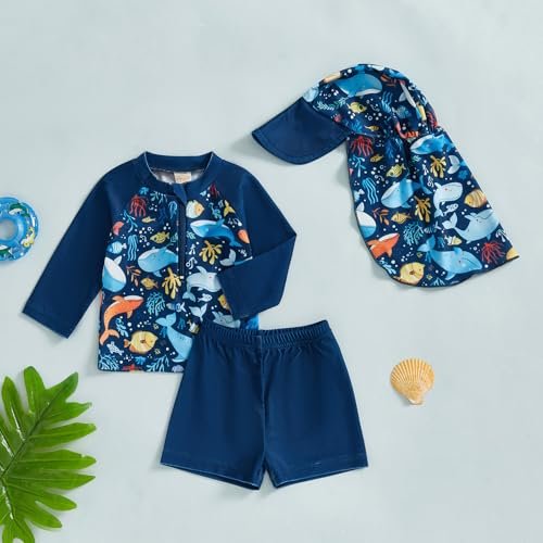 Toddlers and Baby Boys' 3-Piece Swimsuit Set Swimwear Bathing Suit Rash Guards with Hat UPF 50+
