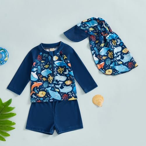 Toddlers and Baby Boys' 3-Piece Swimsuit Set Swimwear Bathing Suit Rash Guards with Hat UPF 50+