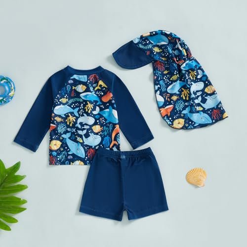 Toddlers and Baby Boys' 3-Piece Swimsuit Set Swimwear Bathing Suit Rash Guards with Hat UPF 50+