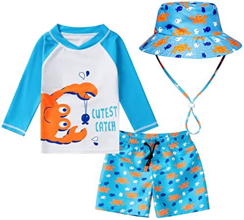 Toddlers and Baby Boys' 3-Piece Swimsuit Trunk Rashguard Set and Sun Hat Swimwear Bathing Suit Sunsuit Swim Shirt UPF 50+